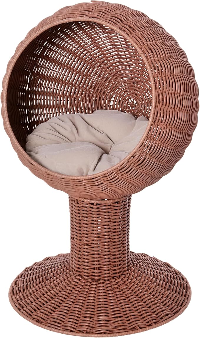 PawHut Elevated Cat Bed with Rotatable Egg Chair Pod, Cat Basket Bed with Thick Cushion, Natural Mat Grass Woven Kitty House, Brown