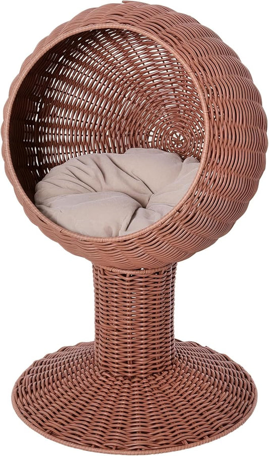 PawHut Elevated Cat Bed with Rotatable Egg Chair Pod, Cat Basket Bed with Thick Cushion, Natural Mat Grass Woven Kitty House, Brown