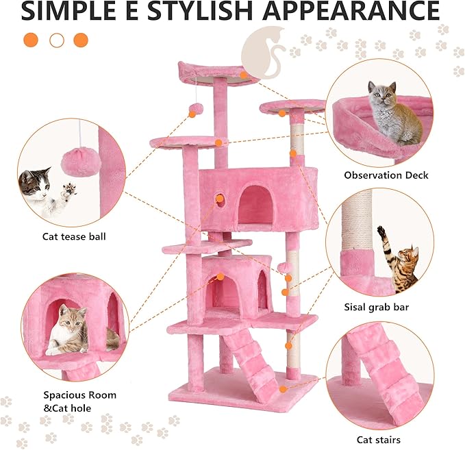 BestPet 54in Cat Tree Tower for Indoor Cats,Multi-Level Cat Furniture Activity Center with Cat Scratching Posts Stand House Cat Condo with Funny Toys for Kittens Pet Play House (54in, Pink)