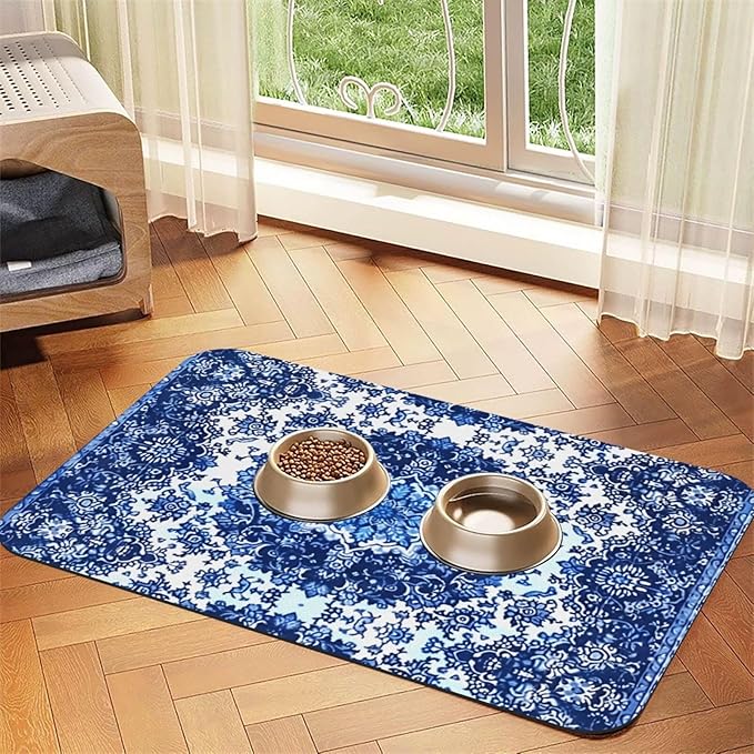Persian Carpet Style Dog Food Mat Absorbent Bowl Mats No Stains Quick Dry Waterproof Pet Cat Placemats for Food and Water, 30x45cm