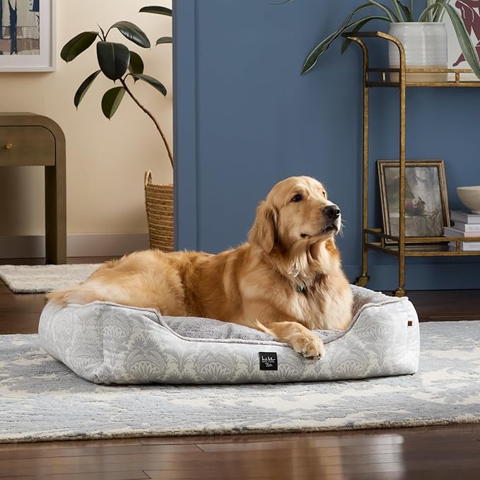 Nicole Miller New York PET Mod Damask Plushy Bolster Pet Bed, Cozy & Calming, Non-Slip Bottom, Machine Washable Cover, Taupe, Large 35"x28"x8"