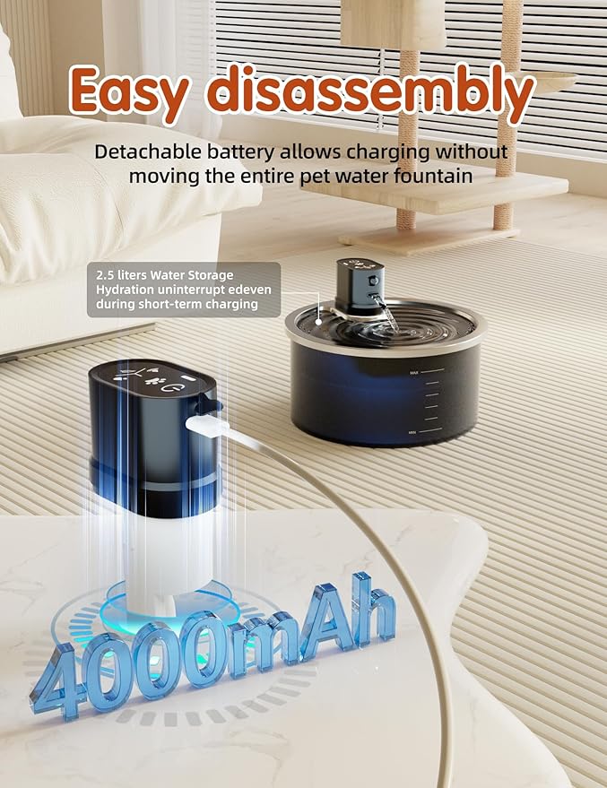 Stainless Steel Wireless Cat Water Fountain 3.2L/108oz Automatic Cat Water Dispenser 4000mAh Battery Operated Large Capacity Pet Water Fountains for Cats Dogs (Black Classic)