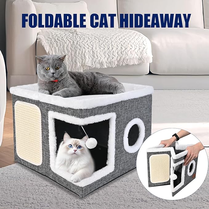 Cat Beds for Indoor Cats, Large Cat Cave Bed with Scratch Pad and Fluffy Ball, Foldable Cat Hideaway, Cat House with Reversible Cushion for Multi Small Pet Up to 30LBS, Grey