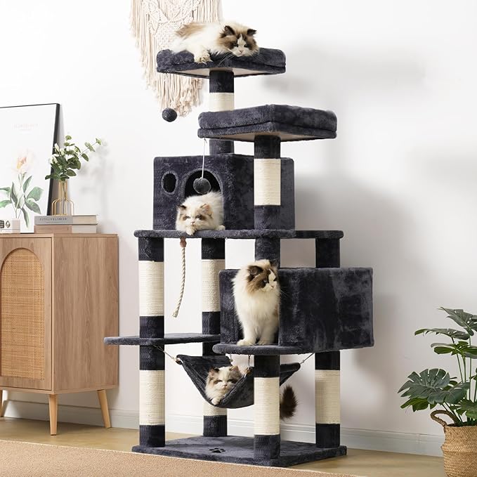 Hey-brother Large Multi-Level Cat Tree Condo Furniture with Sisal-Covered Scratching Posts, 2 Bigger Plush Condos, Perch Hammock for Kittens, Cats and Pets Smoky Gray MPJ020G