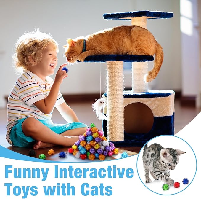 Poen 300 Pieces Cat Toy Fuzzy Balls 1.8 Inch Assorted Color Pom Pom Interactive Tinsel Balls for Indoor Cats