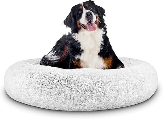 The Dog's Balls Sound Sleep Donut Dog Bed, Ice White Fur XL, Veterinary Approved