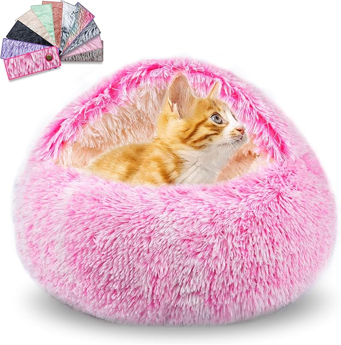 Cat Beds for Indoor Cats,Cat Cave for Puppy and Kitty,Calming Small Dog Bed for Small Dogs with Cover Cave,Cozy Warming Fluffy Washable Anti-Slip Pet Sleeping Bag (20 * 20inch,Pink)
