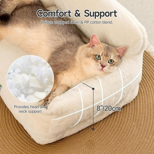 MEWOOFUN Cat Couch Beds for Indoor Cats and Small Dogs, Dog Couch Bed with Non-Slip Bottom & Washable Cover, Fluffy Cat Sofa for Cats and Small Pets (White,26x18x11.5)