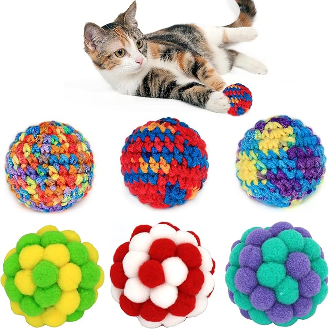 6 Pack Cat Toys Balls - 3 Jingle Bell Ball & 3 Soft Pom Pom Balls, Interactive Kitten Toys for Hunting/Kicking, Handmade, Small 1.8” & Large 2.1” for Adult Cats/Kittens
