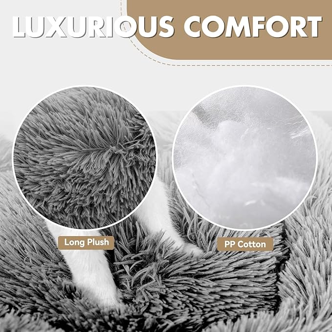 Athena Collection Washable Dog Bed Medium Size Dog, Cat Bed for Indoor Cats, 31 Inches Fluffy Faux Fur Round Pet Bed Calming Cozy Soft Warming Donut for Medium Puppy Kitten, Grey