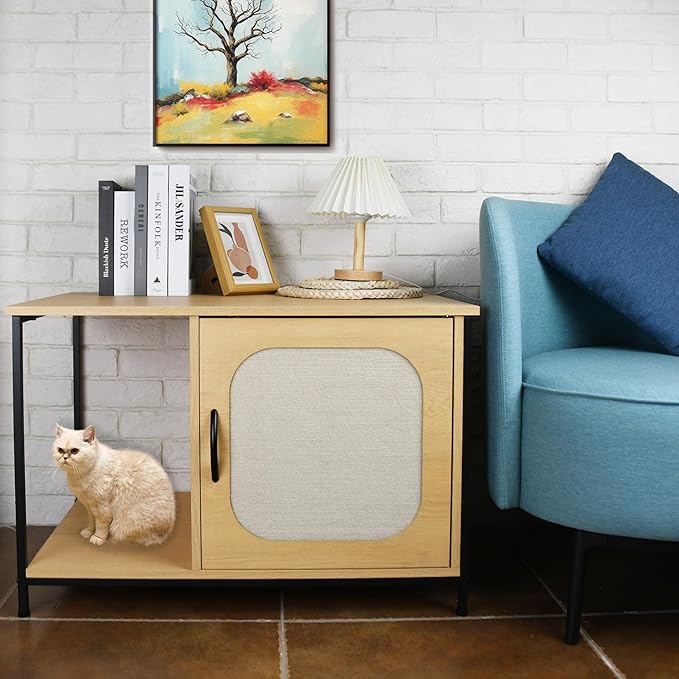 Modern Cat House Furniture with Metal Frame – 2-Tier Wood & Steel Cat Bed End Table, Hidden Cat Condo for Indoor Cats, 31.5" x 18.9" x 22", Rustic Natural Finish