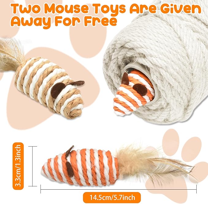 98FT/30M Cat Scratching Sisal Rope, 6mm Thick Natural Jute Rope for Scratch Posts, Cat Trees, DIY Projects, Sisal Rope for Cat Scratcher with 2 Cat Mouse Toys (White, 98ft)