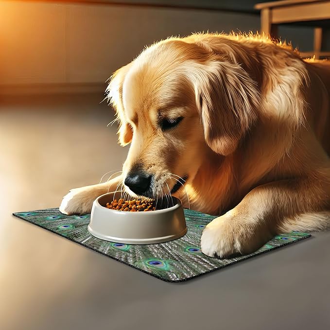 Lunarable Peacock Pet Mat for Food and Water, Peacock Displaying Elongated Majestic Feathers Open Wings Picture, Non-Slip Rubber Mat for Dogs and Cats, 18" X 12", Brown Navy