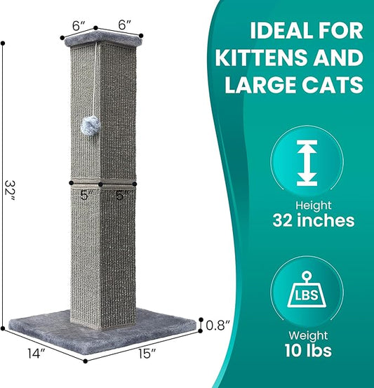 Cat Scratching Post 32 Inch for Indoor Large Cats and Kitten, Nature Sisal Tall Cat Scratch Post, Sisal Cat Scratcher Improve Cat's Scratching Habits and Protect Your Furniture, Dark Grey