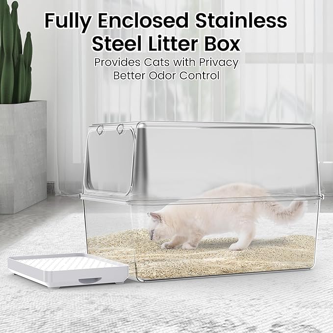 Stainless Steel Litter Box with Lid – Dog Proof, XL Enclosed Metal, High Side, Odor Control, for Big Cats & Multi-Cat Household, Black, Dubble Entry (Top and Front)
