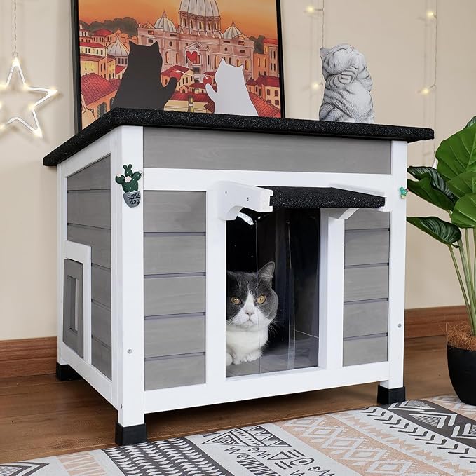 Insulated Cat House Weatherproof Outdoor/Indoor Shelter with Openable Asphalt Roof for Feral Cats & Small Pets