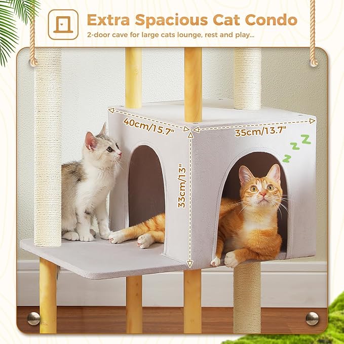 PAWZ Road Large Cat Tree, 53 Inches Modern Wooden Cat Tower for Indoor Cats, Multi-Level Cat Condos with Long Scratching Posts and Natural Wood Posts,Gray