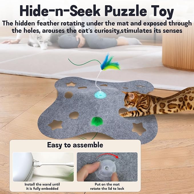 Cat Toys for Indoor Cats,Interactive Toy Hide n Seek for Kittens,Automatic Moving Wand Feather,Motion Activated Exercise Toy for Bored Cats Rechargeable (Grey)