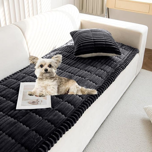 Faux Fur Plush Dog Couch Cover 3D Stripe Fuzzy Sofa Cover Non-Slip Fluffy Dog Bed Cover Pet Blanket Sofa Couch Furniture Protector for Puppy Large Dog Cat (Black,28"x70")