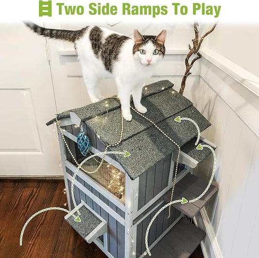 GUTINNEEN Outdoor Cat House Weathproof Two Story Feral Cat Shelter for Winter with Escape Doors