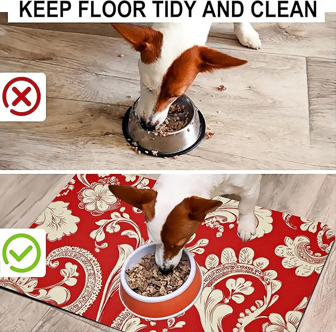 Red White Paisley Dog Food Mat-Absorbent Pet Feeding Mat for Food and Water Bowl, Quick Dry Dog Placemat with Rubber Backing-No Stains Pet Supplies for Messy Drinkers 16"x24"