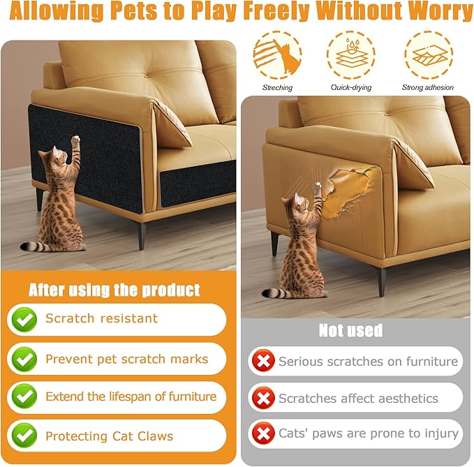 cat Scratching mat Self-Adhesive, Trimmable Furniture Protector for Couch, Sofa, Wall & Cat Trees - Durable Scratch Pad with Nano Tape, DIY Climbing Carpet for Indoor Cats (Black, 39.3"x15.8")
