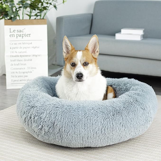 Anti Anxiety Round Fluffy Plush Faux Fur Warm Washable Dog Bed & Cat Bed, Original Bed for Small Medium Large Pets,Used to Relieve Joints and Improve Sleep(20"/24"/27'') (24", Light Grey)