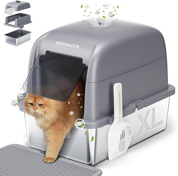 Meowant Stainless Steel Cat Litter Box, Extra Large 3-in-1 Enclosed Open Top Metal Litter Box with Lid, Odorless Cat Litter Pan with High Sides for Big Cats, Non-Sticky, Anti-Leakage, Easy Cleaning