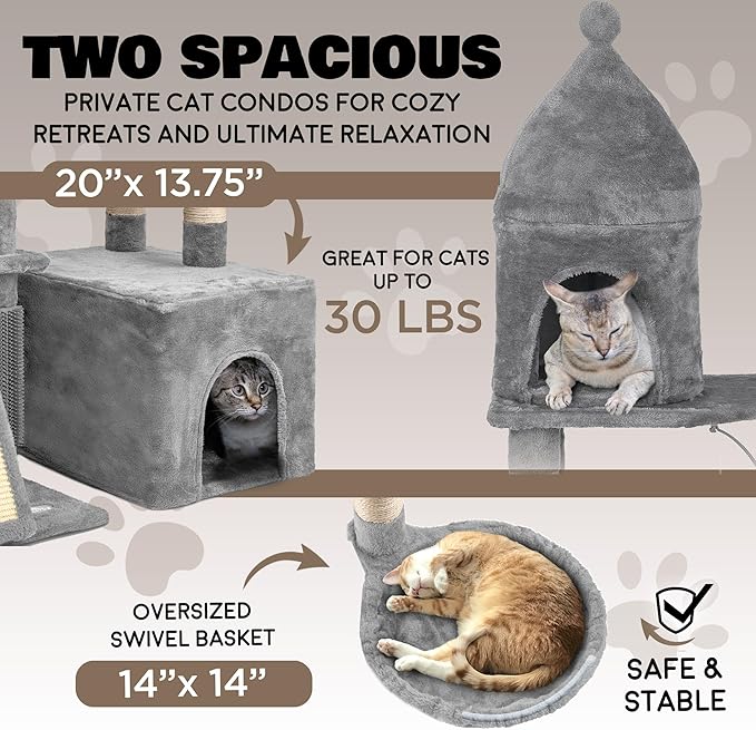 Large Cat Tree Tower for Large Cats, Cat Scratching Post, Self Grooming Post, Interactive Cat Toys, Oversized Perch and Basket, Heavy Duty 72", Light Grey
