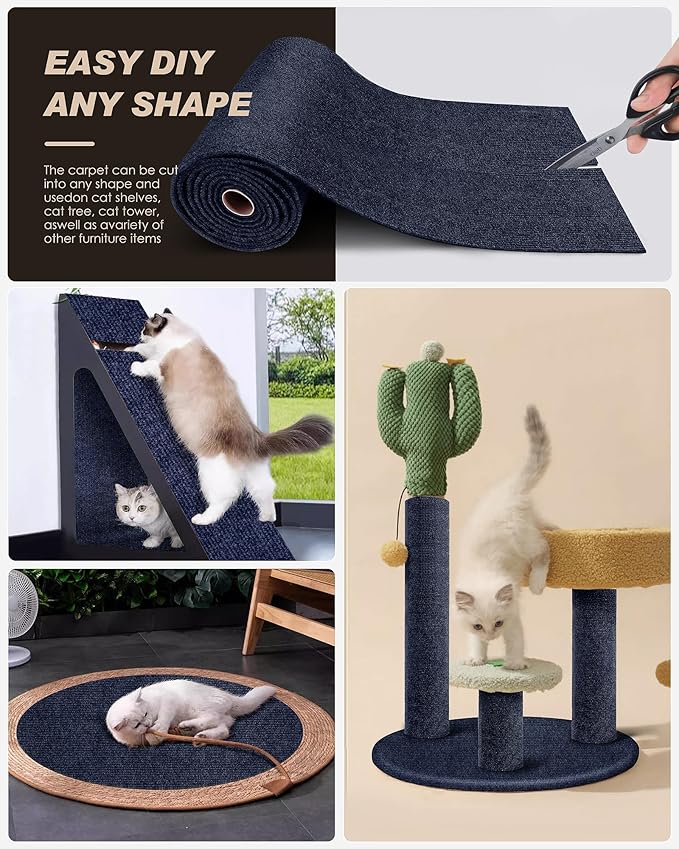 78.7"x15.8" Cat Scratch Mat,Trimmable Self-Adhesive Carpet,DIY Climb Cat Scratcher for Cat Couch Furniture or Wall Protector,Covering Cat Tower,and Replacement Pads (Dark Blue)