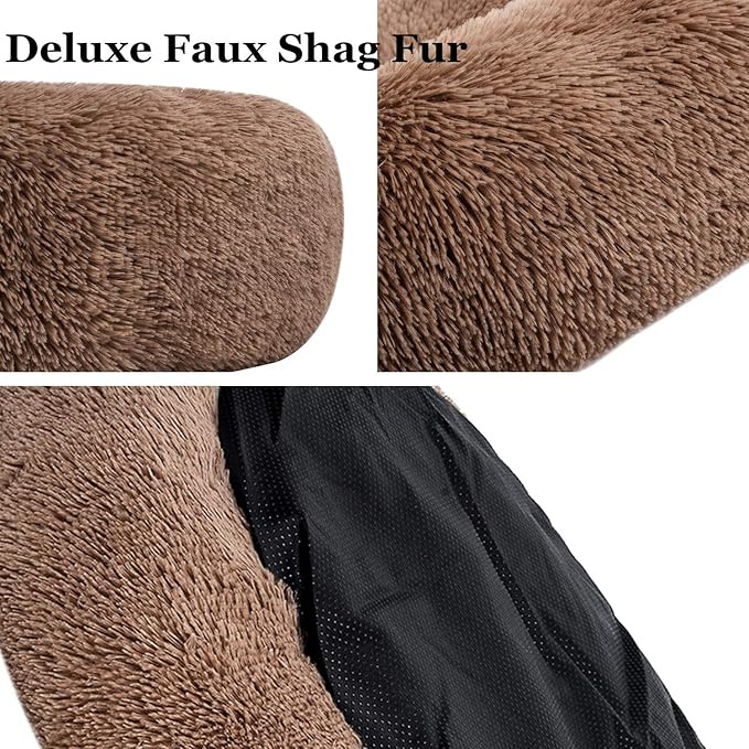 Coohom Oval Calming Donut Cuddler Dog Bed,Shag Faux Fur Cat Bed Washable Round Pillow Pet Bed(30"/36"/43") for Small Medium Dogs (XXL(43"x34"x8"), Camel)
