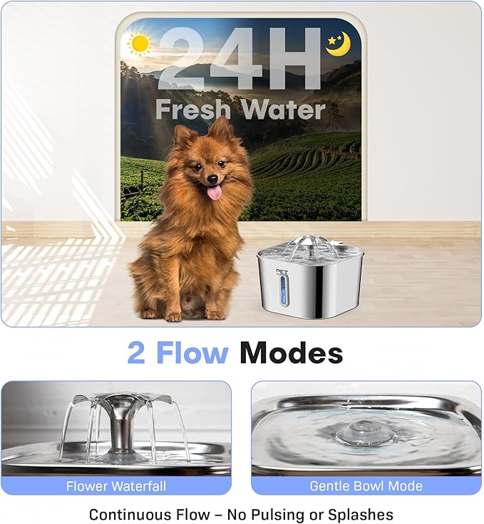 Stainless Steel Cat Water Fountain β 2.2L/74oz Ultra-Quiet Pump, Visible Water Level, Dual Flow Modes β Automatic Pet Water Dispenser for Cats & Small Dogs