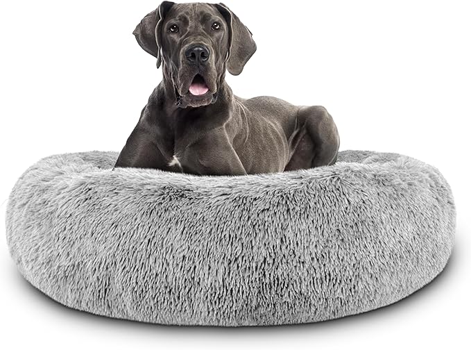 The Dog’s Bed Sound Sleep Donut Dog Bed, XXL Silver Grey Fur Calming Nest Bed Removable Cover, Veterinary Approved
