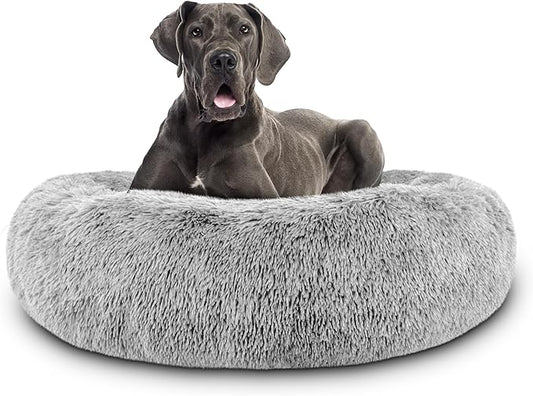 The Dog’s Bed Sound Sleep Donut Dog Bed, XXL Silver Grey Fur Calming Nest Bed Removable Cover, Veterinary Approved