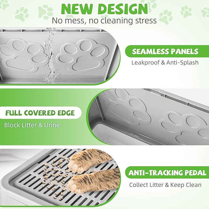 Cat Litter Box with Litter Mat, Foldable Extra Large Free in and Out/One-Way with Lid, Drawer Type Enclosed Kitty Litter Box,Odor Control Anti-Splashing Easy Cleaning (Light Grey)