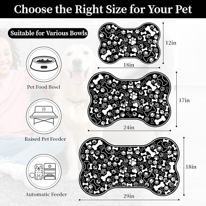 Dog & Cat Food Mat Bone Shaped Pet Feeding Mat Quick Absorb Water Bowl Placemat with Rubber Backing Indoor Floor Stain Resistant Pet Accessory Supplies (Black, 17x29 Inches)