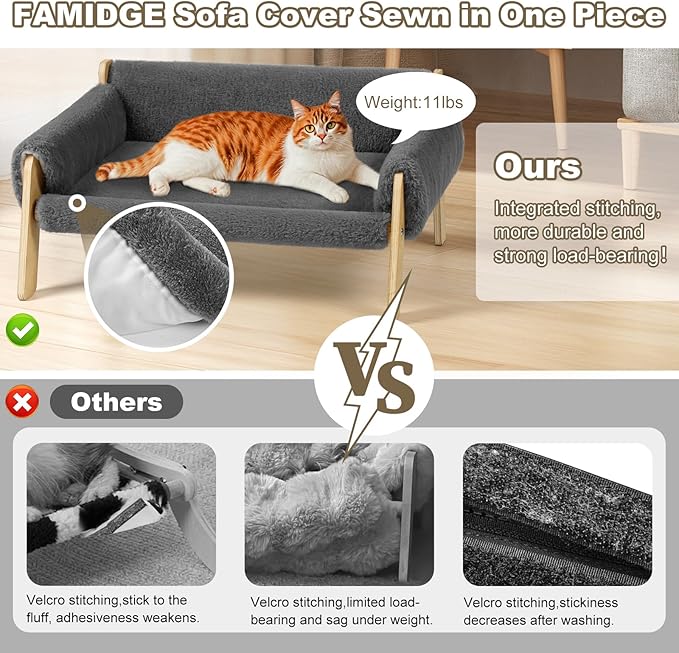 Elevated Cat Couch Bed for Indoor Cats - Wooden Pet Sofa with Removable Washable Thick Cover Raised Kitty Lounge Chair Suitable for Puppy or Small Animals(Cat Sofa Light-Grey)