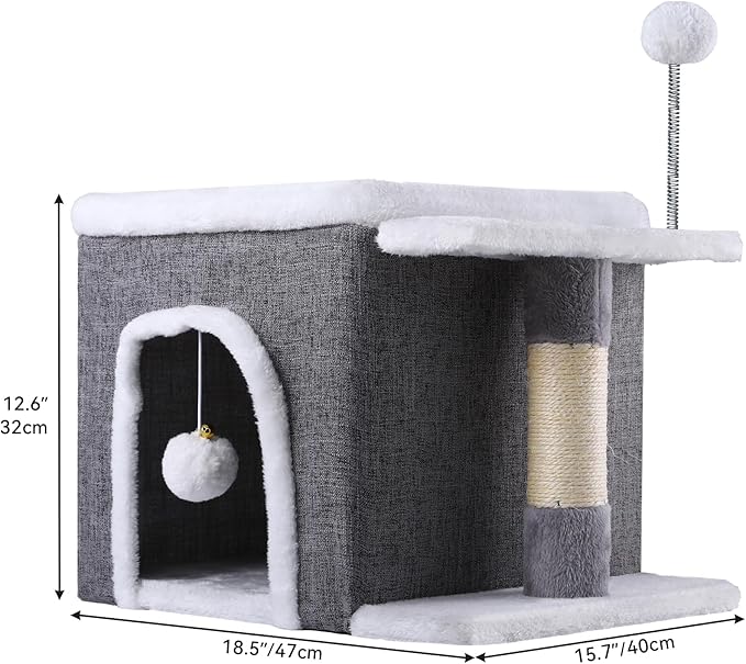 YITAHOME Cat Bed for Indoor Cats Cube House, Covered Cat House with Fluffy Ball Hanging and Nature Sisal Post,Cat Cave Bed Playhouse, Cute Cat Condo for Multi Small Pet Kitten, Grey