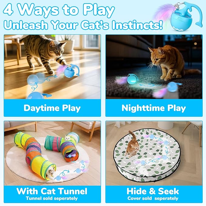 Interactive Moving Cat Toy Ball - Self-Play for Indoor Cats, Kittens to Adults | Smart Obstacle Avoidance, LED Light | Quiet on Carpet, Fur-Proof, USB Rechargeable