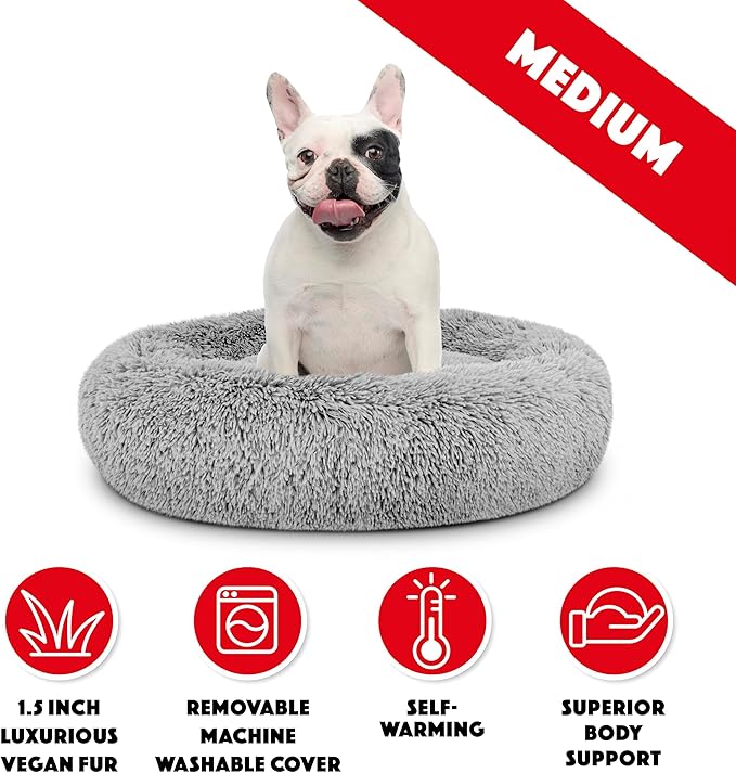 The Dog’s Bed Sound Sleep Donut Dog Bed, Med Silver Grey Fur Calming Nest Bed, Veterinary Approved