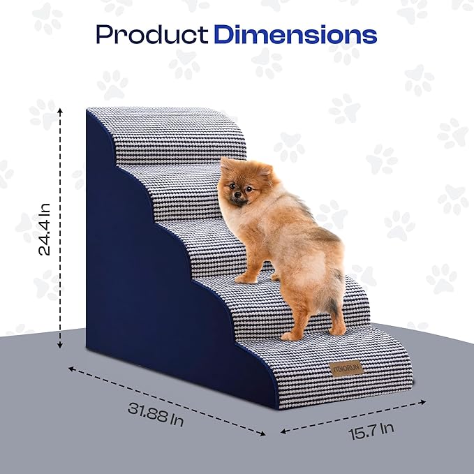 Curved Dog Stairs for High Bed Up to 26", 5-Step Dog Ramp for Small Dogs with Washable Cover, Non-Slip Steps for Cats to Get on Couch and Sofa, Durable Foam Ladder for Medium Breeds, White Navy