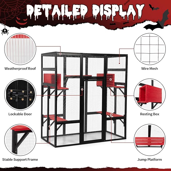 COZIWOW 70Inches Large Spacious Wooden Catio Outdoor Cat Enclosure with Perches and Condos, Cat Cage Indoor with Waterproof Roof, 7 Platforms & 2 Resting Box, UV Resistant (Gothic)