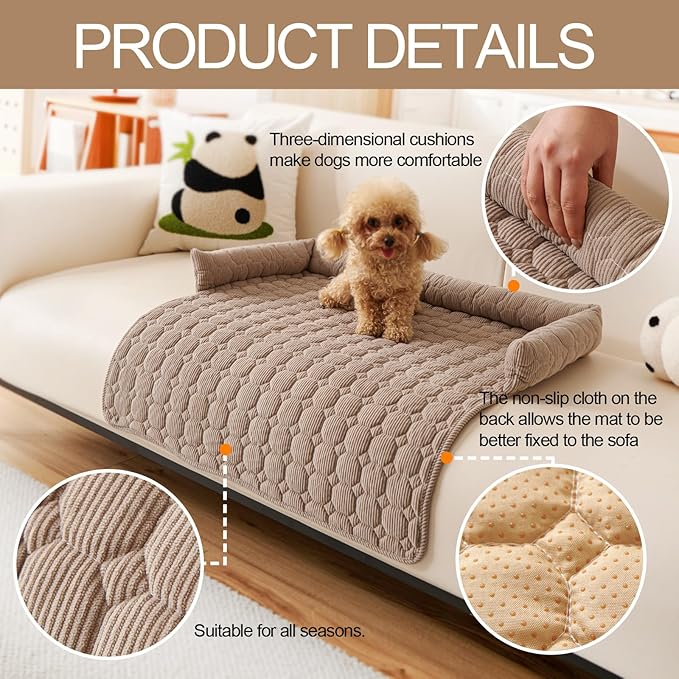 Dog Bed Mat - Washable Pet Furniture Protector with Anti-Slip Bottom for Small Dogs and Cat(Khaki)