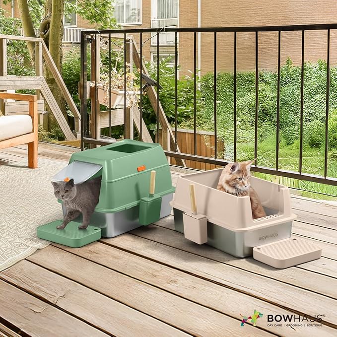 XL 3 in 1 Enclosed Extra Large Metal Litter Box w/Lid, Stainless Steel Cat Litter Box, Odorless Steel Litter Pan, Anti-Leakage & Easy Clean, High Sided Metal Litter Box w/Scoop, Beige