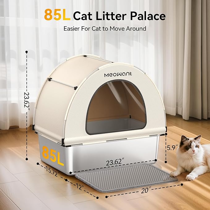 Meowant Enclosed Stainless Steel Cat Litter Box, Extra Large 3-in-1 Covered Litter Box with High Sided Oxford Fabric Cover, Metal Scoop, Leakproof, Odor Resistant, Non-Sticky, Easy Cleaning