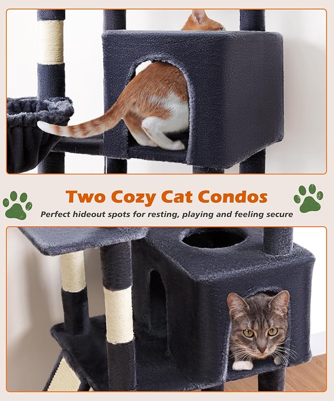 AMHANCIBLE Large Cat Tree, 83 Inch Multi-Level Tall Tower for Indoor Adult Cats, with Scratching Post and Board, Hammock, Condos, Hanging Basket, Activity Center to Play and Sleep, Dark Grey, PT21DG