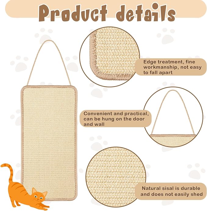 2 Pack Sisal Door Cat Scratching Mat Double Use Hanging Scratcher Wall Floor Mount Natural Cat Scratch Mat Kitty Scratching Pad for Indoor Kitten with Hemp Rope, 7.87 x 19.69(Natural)