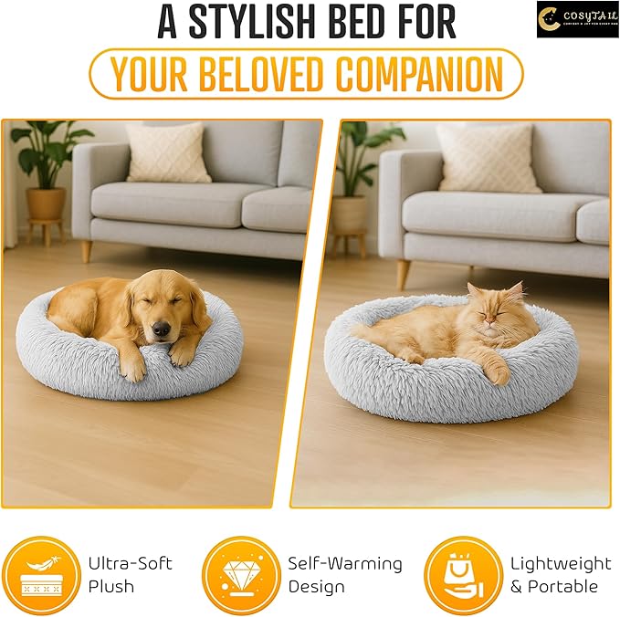 Anti-Anxiety Donut Pet Bed, Round Plush Faux Fur, Washable, Small to Medium Dogs and Cats (Grey, Large)