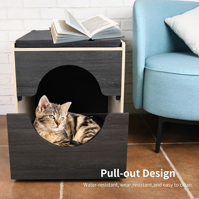 Modern Cat Bed Furniture with Scratching Post - Pull-Out Enclosure & Soft Cushion, Space-Saving Side Table for Indoor Cats, Black/Natural Wood (23.5" x 19.7" x 21.7")