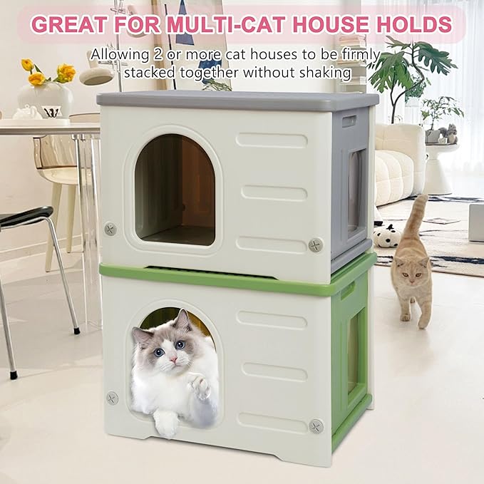 Hicaptain Cat Houses for Indoor Cats with Escape Door Plastic Outdoor Cat House Puppy Feral Cat Shelter for Small Medium Pets-Grey